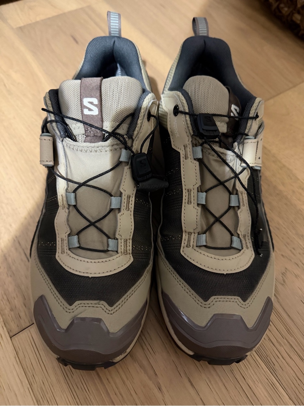 Salomon Women's Trail Sneakers in Tan and Black with Gray/green Accents